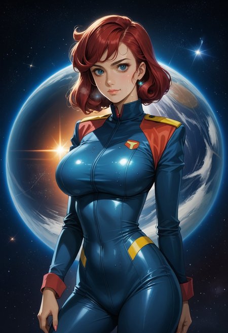 Gundam_00_Style, (Style: Gundam_00), Artist Style:urushihara_satoshi, score_9, score_8_up, score_7_up, ((rating:PG13)), (absurdres), 1girl, 20 year old woman, mobile_suit pilot, ((skintight)), ((jumpsuit)), large breasts, large ass, tiny waist, navel, sweaty, steam, looking at viewer, solo focus, seductive, horny, sexy, detailed eyes,
space station, space, light filtering, light particles, starry background