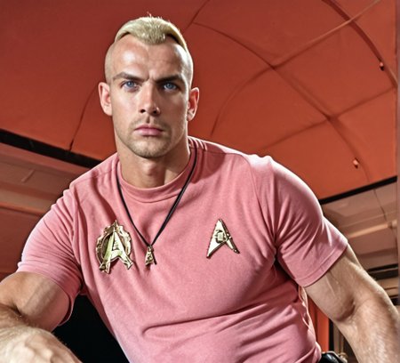 1boy, 20 year old male, Handsome, masculine, blonde, star trek, red shirt, muscle,  tall, tight shirt, wide pectorals, big shoulders, wide shoulders, muscular neck, German, standing at attention, bald, big pale blue eyes, abs, biceps, serious facial expression, phaser rifle, hand, long bulge in his pants, ((((view from below)))),
1960 black dress pants, pants,
stunf, star trek uniform, uss enterprise ncc-1701 interior background, star trek, space ship interior, 1960s TV,