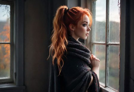 Rear View, Bend over, leaning at Window, looking Out, Ass Out, Lowlight dark Pastel Tone, super Closeup Portrait, very Detailed, awesome Quality, reflecting, luminescent, translucent, Ethereal, Aura, Natural naked Gothic Girl with freckles and Red blonde Hair, looking Happy Out of Window, Huge Knitted corduroy scarf, in Cozy messy black corduroy couch, snow through Window, underboob, puffy nipples, giga_busty, Wooly corduroy skirt, high wool stockings, 80s DARK dystopian Blade Runner Flair, dynamic Scene, very detailed, uhd, masterpiece, White smoke, light beams through smoke,