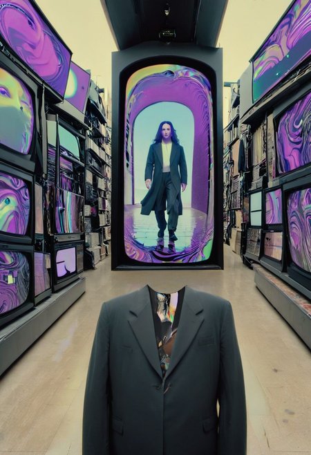 The Mona Lisa, displayed in the warped timelines of an enigmatic glitch spectre as he walks in paranoia through the busy streets of Tel Aviv