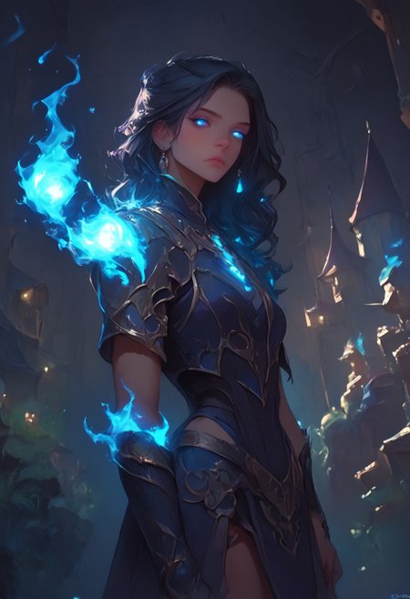 score_9, score_8_up, score_7_up, upscale 2x,(A cinematic shot of a beautiful witch with purple stylish hair, purple glowing eyes, standing with her back against the camera, looking over her shoulder, wearing a blue purple and white magical bodysuit with rich details, holding a blue burning fire orb in one hand, blue fire around her:1.2), hkmagic, Fuchsia, Dreamscape Style, Glowing Style