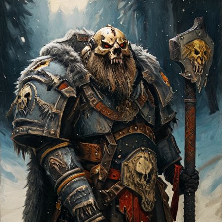 Space wolf warrior, wolf priest, chaplain, skull helmet, wolf skull helmet, wolf skull has a long snout that extends to the helmet mouth vent, the skull has fangs and glowing eyes, warrior with beard is in winter landscape, he is a werewolf space marine,  he as heavy scars, he has his huge runic hammer in his hands, portrait style, viking, norse, beard, clad in ripped furs and pieces of old worn space wolf armor, Black over black, top light, masterful painting in the style of Anders Zorn | Marco Mazzoni | Yuri Ivanovich, Todd McFarlane, oil on canvas
<lora:add-detail-xl:1> <lora:MJ52:0.5>