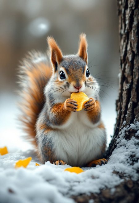 winter, cute fluffy funny squirrel sitting on a tree and eating chips from the green package, macro, hyper-detailed, close-up view, masterpiece, ultra realistic, professional photo