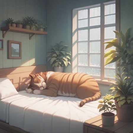 score_9,score_8_up,score_7_up,score_6_up, plants on the windowsill, wall of plants, monstera plant, large plant, tidy bedroom, small room, cramped bedroom, raindrops on the glass, cat asleep on the bed, cat laying on top of bedsheets, brown tabby cat, rain hitting windowsill, rain outside only, raindrop on windowsill, raining but not inside, gloomy