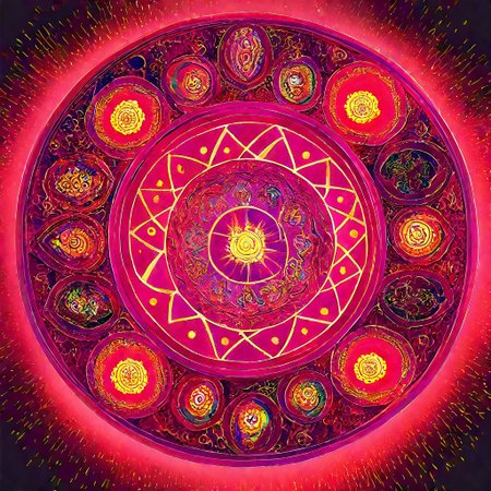 colored Mandala style, medium stylized pattern, (deep_purple, black, red, gold),Seviper, serpentine, vertical_figure_eight_pattern, intricate_design, symmetrical, traditional_mandala,  (glowing_golden_elements), luminous, mystical, highly_detailed, geometric_patterns, harmonious_composition, masterpiece, balanced, precise, artistic, reverence