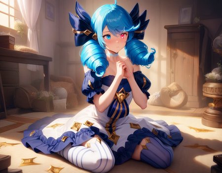 (masterpiece, best quality, very aesthetic, absurdres, extremely detailed), solo, cinematic composition, gwenlol, dress, mismatched legwear, twin drills, blue hair, heterochromia, wariza <lora:gwen:0.9>
