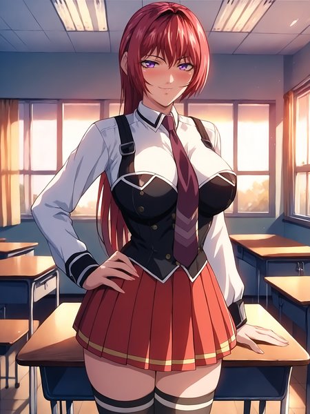 score_9,  score_8_up, score_7_up, score_6_up, source_anime, 5 fingers,
TakashiroGaiden, 1girl, cowboy shot, leaning on table, hand on own hip,
looking at viewer, blush, seductive smile, 
red hair, long hair, purple eyes,
school uniform, collared shirt, white shirt, vest, suspenders, pleated skirt, miniskirt, black thighhighs, red necktie, shoes, 
curvy, thighs, large breasts,
indoors, school, classroom, window, evening, seunset,
 <lora:TakashiroGaiden3216PDXL:1>