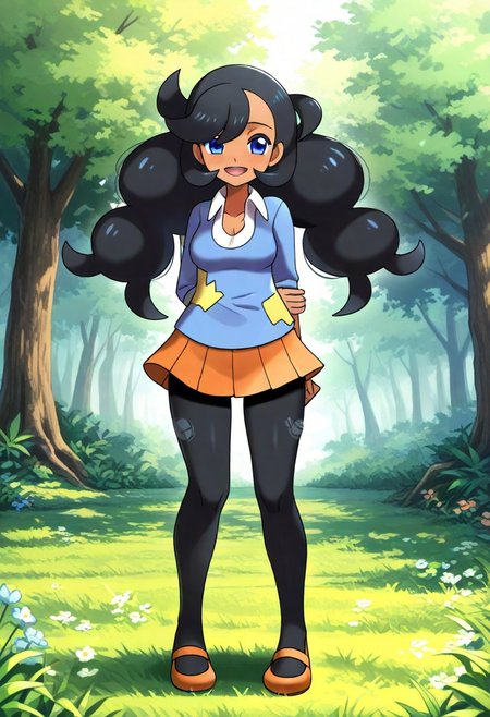 2d, masterpiece, best quality, amazing quality, 1girl, solo, close-up, standing, smile, full body, looking at viewer, day, meadow, pkemma, emma \(pokemon\), dark-skinned female, blue eyes, low twintails, bangs, black hair, long hair, blue sweater, yellow patch, white shirt, collared shirt, orange pleated skirt, black pantyhose, torn pantyhose, mary janes, orange footwear