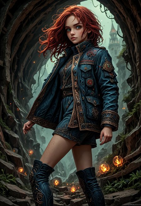 1girl, side view, she is Nausica of the Valley of the Wind, solo, masterpiece, absurdres, best quality, (colorful), cinematic lighting, realistic, dynamic pose, extremely detailed, head turned to look at viewer, red hair, beautiful detailed face,(intricate detailed blue short military jacket with gold inlaid, short miniskirt, military black boots),  stands alone on top of a crag among the mountains with a deep valley below, there are big stone windmills down in the valley with their blades turning in the strong wind, solo, masterpiece, absurdres,  dynamic pose, the Sun shines over her, sun rays in her hair,subsurface scattering, remarkable color, ultra realistic, textured skin, remarkable detailed pupils, realistic dull skin noise, visible skin detail, skin fuzz, dry skin, bokeh, sharp focus on subject. perfect eyes, detailed eyes, no headgear,extremely detailed, looking at viewer, beautiful detailed face, subsurface scattering, remarkable color, ultra realistic, textured skin, remarkable detailed pupils, realistic dull skin noise, visible skin detail, skin fuzz, dry skin, bokeh, sharp focus on subject. perfect eyes, detailed eyes,