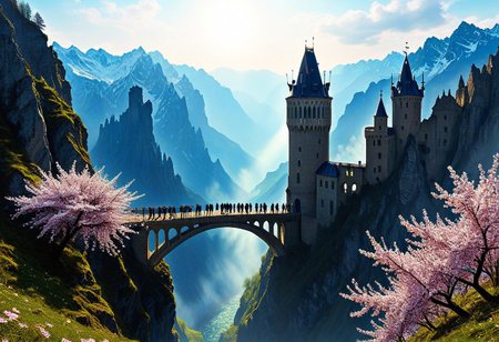 towers ringed in mist, sunrays, mixed media, flux-style, surrealism, fantasy, great lighting, A surreal landscape highly detailed, extremely high-resolution details, appears trapped in an optical illusion of reflections and refractions, colorful, Spring, cherry blossoms in the wind, sweeping vistas, majesty, spring blooms, (Zhangjiajie mountains:1.5),  (((Paris in contemporary France, baroque architecture, European architecture, German Renaissance towers))), (stone arch bridges:1.05), winding rivers extending to the horizon, professional photography, natural lighting, volumetric lighting maximalist. vivid, vibrant colors, intricately detailed, (psychedelic colors, psychedelic colors:1.15), complex, elegant, expansive, fantastical, film photography style, medium grain, cmnt
 (8k uhd:1,4)
 <lora:add-detail-xl:1>
 <lora:Dynamic Poses:1>