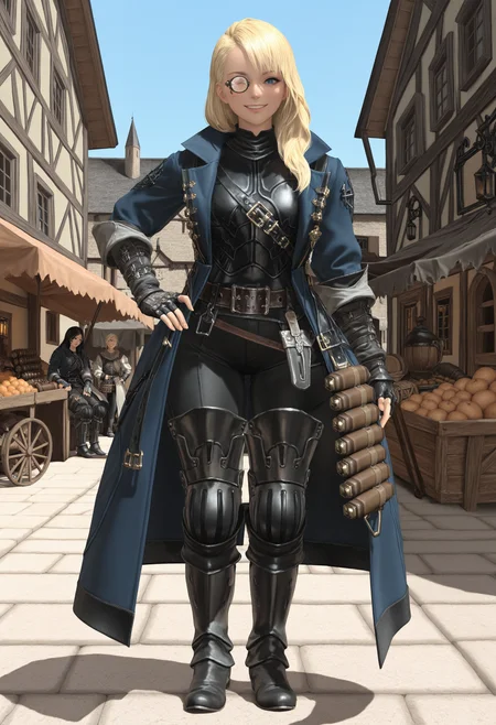 masterpiece, best quality, absurdres, highres, newest, <lora:cfg_scale_boost:.7>, smile, full body,standing, hand on own hip, looking at viewer, female focus, 1girl,long hair,
bodyguardaf, black fingerless gloves, blue long coat, black armored boots, armor,  monocle, black pants, belt, open coat, thigh boots, bandolier,
looking at viewer, smile, velvet skin,
medieval, fantasy, village, market,
complex composition, detailed eyes, detailed body, ultra detailed, masterpiece, best quality, amazing quality, very aesthetic, realistic, photorealistic, <lora:Bodyguard_IL:1>