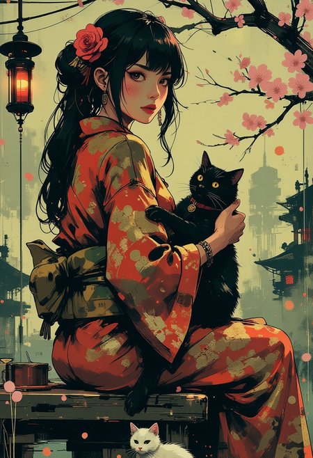 Mh1$AgThS2, intricate linework with expressive contrasts, soft lighting with dynamic highlights, A digital artwork in the style of cknc, image of a Japanese woman in a silk red and gold kimono, long hair, bangs, sakura flower in her hair, sitting in a formal Japanese garden, holding a black cat, with a white cat at her ankles, turning her head to look back at the viewer