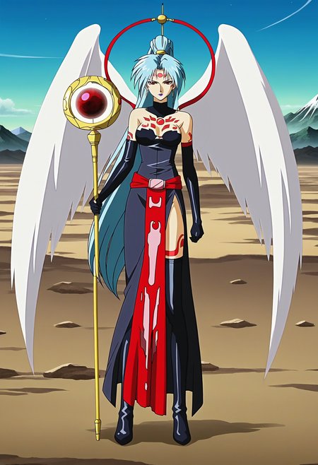 anime screencap, anime coloring, 1girl, solo, full body, serious, outdoors, Outer space, mountains, white wings, 
<lora:Ihadulka_pony1.2:0.8>Ihadulka, blue hair, long hair, facial mark, gloves, earrings, elbow gloves, jewelry, forehead mark, dress, ponytail, black gloves, tattoo, staff, black thighhighs, weapon, boots, belt, holding, side slit, single hair bun, thigh boots, medium breasts, lipstick, makeup, purple lips, very long hair, red eyes,