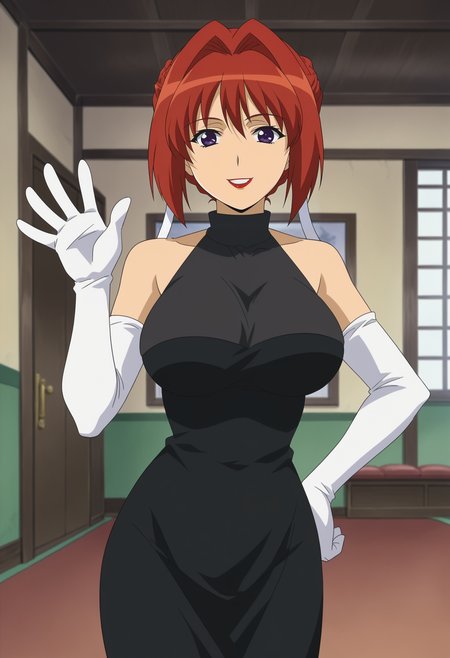 <lora:Maharu_Sena_Kanaka-Girls_Bravo:0.8>1girl,solo,Maharu Sena Kanaka,red hair,short hair,hair intakes,purple eyes,lipstick,large breasts,anime coloring,elbow gloves,white gloves,bare shoulders,turtleneck,black dress,hand on own hip, waving,looking at viewer, smile,indoors,cowboy shot,