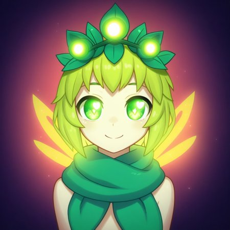 mana_sk style, portrait, focus on face, a playful forest sprite girl with short lime-green hair adorned with tiny flowers, sparkling emerald eyes full of mischief, wearing a leafy crown and a scarf made of vines, her smile glowing with magical charm, faint sparkles and fireflies dancing around her, Japanese RPG style, whimsical and vibrant atmosphere, intricate details on her crown and glowing fireflies