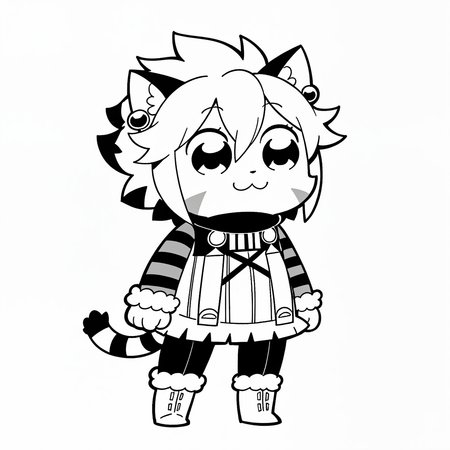 masterpiece, best quality, amazing quality, bkub, parody, greyscale, monochrome, <lora:ElhIllus.safetensors:1>, elh, chibi, :3, 1girl, solo, full body, furry female, cat ears, short hair, white hair, facial mark, animal nose, body fur, striped tail, elhattire, earrings, fur trim, striped sleeves, black pants, white boots, simple background, white background