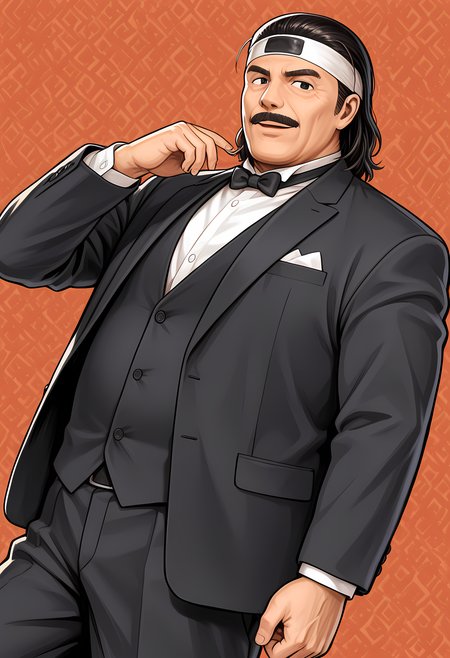 masterpiece, best quality, amazing quality, dutch angle, abstract background, BREAK
1boy, solo, male focus, mature male, aof_todoh, black hair, headband, black eyes, mustache, facial hair, black tuxedo, formal, bow tie, BREAK
<lora:cfg_scale_boost:.6>  <lora:Ryuhaku_Todoh_-_Art_of_Fighting_-_ILXL:1>