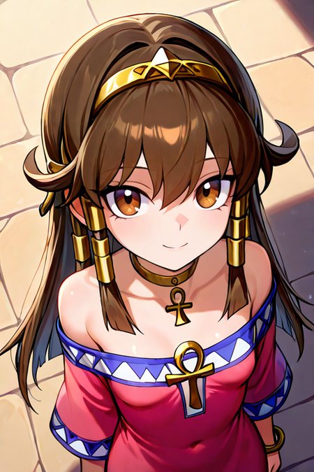 masterpiece, High quality, Ultra detailed, 2d, newest, absurdres, highres, BREAK
1girl, solo, egyptian, <lora:sera:0.8>, sera_(yu-gi-oh!), long hair, brown hair, sidelocks, hairband, hair tubes, jewelry, hair between eyes, brown eyes, choker,
small breasts, seradef, off-shoulder dress, dress, ankh, bracelet, 
from above, smile, looking at viewer,