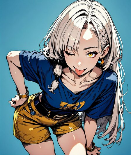 score_9, score_8_up. score_7_up,  uncensored, <lora:coffee2hai:1> coffee2hai, score_9, coffee2hai, 1girl, tongue out, one eye closed, jewelry, bracelet, white hair, long hair, looking at viewer, hand on own hip, blue background, yellow eyes, blue shirt, simple background, shorts, braid, earrings, belt, collarbone, skirt, contrapposto, short sleeves, hair over shoulder, ;p, leaning forward, hand on own thigh