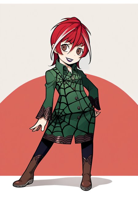 score_9, score_8_up, score_7_up, source_anime, BREAK, solo, 1girl, looking at viewer, smile, <lora:PQ-Style-pdxl_Fp:1>, simple background, full body, chibi, standing, <lora:Ulala-pdxl_Fp:1>, ulalap2, red hair, brown eyes, streaked hair, white hair, single hair bun, short hair, lipstick, collared dress, green skirt, long sleeves, spider web print, boots,