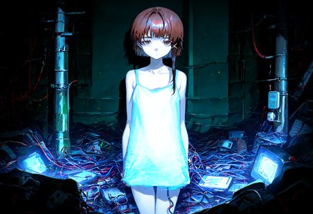masterpiece, best quality, amazing quality, very aesthetic, absurdres,  newest,
1girl, iwakura lain,  solo,  thigh_gap,  white camisole , dark_background, cable, looking_at_viewer ,pile , spaghetti_strap , utility_pole,wire,
yoneyama mai,quasarcake:0.7, rolua, negative space, cinematic shot, very awa, science fiction,matrix, code, digital,computer, glitch, covered  in wire, green background, all four,
<lora:cfg_scale_boost:0.7>, <lora:illustrious_noobai_epsilon_pred_11_very_aesthetic_v1:0.6>, <lora:illustrious_noobai_epsilon_pred_1_masterpieces_v1:0.6>, <lora:illustrious_noobai_epsilon_pred_1_best_quality_v1:0.6>, <lora:Lain_PonyXLv3:0.7>, <lora:Code__Digital_World_Morph_v2_PONY_XL_by_UOC:0.7>, <lora:USNR STYLE_XL_loha:0.7>