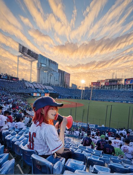 (1girl:1.5), (general:1.3), (detailed background:1.5), baseball jersey, (white jersey, red pinstripe pattern:1.1), dark blue baseball cap, dark blue undershirt, holding megaphone, happy, evening, (smile:1.4), sparkle, cowboy shot,  crowd BREAK
<lora:jingu_stadium:1> jingu stadium, outfield seats, stands, baseballfield, scenery, outdoors, audience, crowd, people, multiple boys, multiple girls, day, sunset, night, cloud, cloudy sky, sky, building, city, cityscape, skyscraper, sign, sun, blue sky, seats, backstand, electronic display board, BREAK
dramatic shadows, cinematic lighting, (photo background:1.1), (8K resolution:1.2), (masterpiece:1.2), best quality, amazing quality, very aesthetic, absurdres, newest, (ultra detailed:1.3), (uhd:1.1), <lora:cfg_scale_boost:0.7> <lora:Smooth_Booster_v2:0.5> <lora:StS-Illustrious-Detail-Slider-v1.0:3.0> BREAK