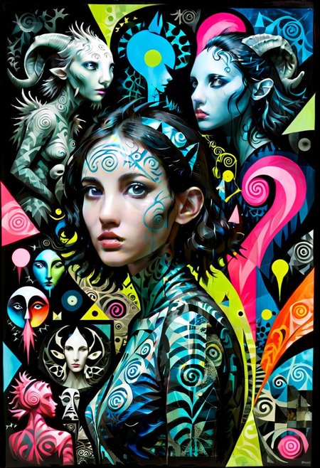 style of barry Mc gee.
Pans Labyrinth style creatures everywhere, with abstract, woman, art style, bioluminescent,girl face, modified with  a mega creatures, gazing away, Apterus, Barry McGee, Frank Auerbach, neon silhouette contrast xarta
x-ray, deconstructed, abstract, surreal, mixed media, collage, outsider-art, avant-garde, punk style
• paintings, polygon, flat , bold color blocks and black lines