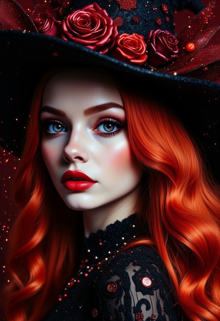 hyper detailed double exposure, beautiful whimsical  acrylic art close up portrait, ultra realistic boujee witch, with long wavy red hair, detailed gothic dress, black and red hyper detailed witch hat, black, black 🐱, biege💀, 🎃, in the style of keith garvey, luis royo, in the style of Bing AI, Dall-e 3, perfect colored line art, sparkles, spooky halloween background