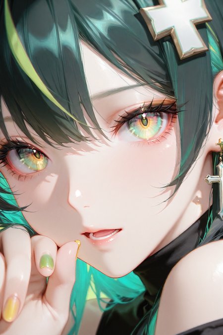 masterpiece,best quality,1girl,solo,green background,green hair,multicolored hair,green nails,earrings,jewelry,black hair,looking at viewer,cross earrings,nail polish,cross,multicolored eyes,open mouth,streaked hair,portrait,yellow nails,close-up,long hair,yellow eyes,x hair ornament,hair ornament,blurry,off shoulder,bare shoulders,hand up,chromatic aberration,two-tone hair,lower teeth only,colored inner hair,fingernails,cross hair ornament,parted lips,eyelashes,sleeveless,turtleneck,green eyes,<lora:mochi:0.7>,mochi,<lora:dilanshengxue-waiNSFWIllustriousv12-v1.5:0.3>,dilanshengxue,cinematic lighting,