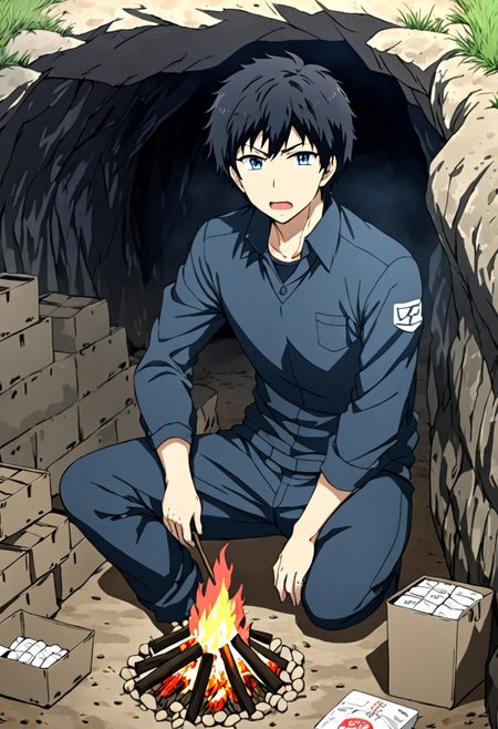 high resolution, solo, best quality, 1Boy, Arata Kaizaki, Black Hair, Blue Eyes, cave, bunker, field Ration, bonfire, OverallDetail