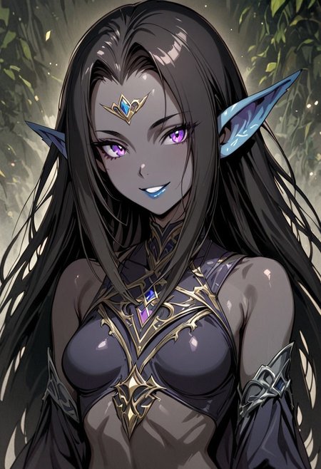 masterpiece, best quality, very aesthetic, solo,
fv4lent, looking at viewer, purple eyes, blue lipstick, long hair, dark black hair, straight hair, confident smile, happy, dark grey skin, elven ears, forehead,