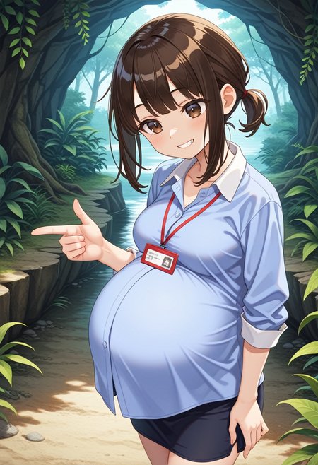 STYLE(comfy++,none) masterpiece, best quality, absurdres, 1girl, cura, azuuru, torino aqua, douki-chan \(douki-chan\), ganbare douki-chan, office lady, brown eyes, brown hair, short hair, sidelocks, short ponytail, blue shirt, medium breasts, clothed, pregnant, big belly, solo,  evil grin, embarrassed, looking down, head tilt, finger gun,  arms at sides,  fighting stance, crossed ankles, cowboy shot, from above,  day, nature, cave, game cg, <lora:Other/Pregnancy_Slider.safetensors:1.5:1.5> <lora:Tech/dmd2_sdxl_4step_lora_fp16.safetensors:1.0:1.0> <lora:Other/pregnant_c_v3.safetensors:1.0:1.0>