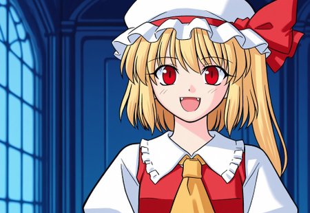 flat colors, blurry background, blue background, interior, medium up close shot, front view,
BREAK, 1girl, solo, flandre scarlet, looking at viewer, :D