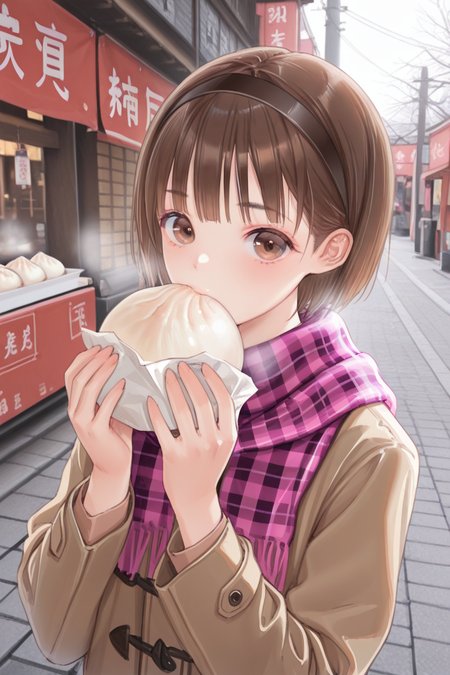 masterpiece, best quality, amazing quality,
 <lora:Mellco_IL:1> mellco, 1girl, solo, scarf, brown eyes, brown hair, hairband, plaid, plaid scarf, looking at viewer, food, baozi, holding, short hair, jacket, outdoors, bangs, upper body
