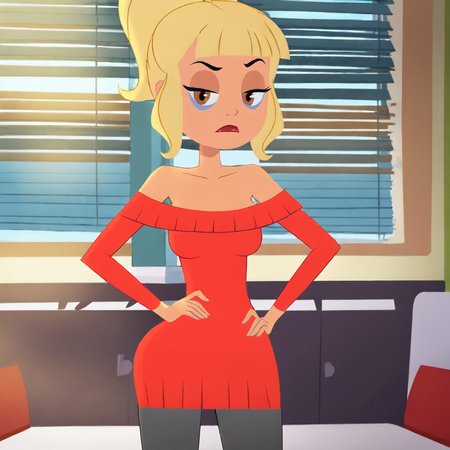 <lora:MissTinker_pony_v1:.8> MissTinkerEyeBags, 1girl, blonde hair, pantyhose, red dress, dark-skinned female, dark skin, ponytail, makeup, bare shoulders, breasts, brown eyes, off shoulder, cowboy shot