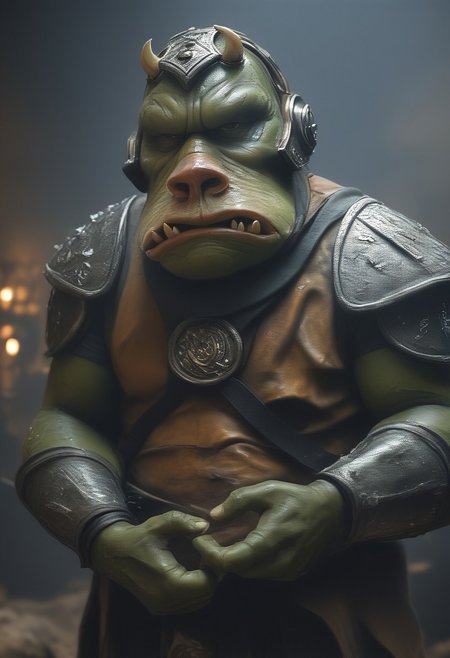 score_9, score_8_up, score_7_up, score_6_up, photo,  photorealism, 1boy, Gammorean Guard, Dark green skin, armor, skin texture, moist skin, pores, saliva, dynamic lighting, detailed shadows, adobe palace, fat, dim light, holding battleaxe,