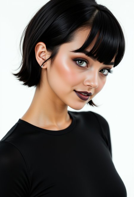 profile headshots,photoshoot poses, She is approximately 18 yearss old, dynamic angles, multiple angles,She is looking at the camera, photoshoot poses;  A photo of Mavis_real, wearing a black shirt and black lipstick,short hair, is posing for the camera with a smile on her face. simple white background.  Style: realistic hyper-detailed rendering, 32k UHD, expressive eyes, punk, graphic design, girl's face, pretty and cute, gleaming lips, telling a tale of adventure. Exuding confidence and serenity. The overall mood of the image is happy and relaxed,detailed skin texture,(blush:0.2),(goosebumps:0.3),subsurface scattering,with a playful and whimsical tone, perfect hands, detailed hand,aidmafluxpro1.1, retro50s_style, looking at the camera,looking at the camera,looking at the camera,looking at the camera,