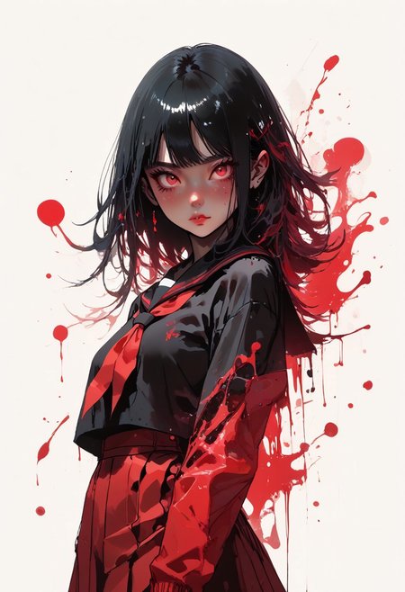 score_9, score_7_up,  1girl, red eyes, black hair, hourglass figure:1.3,  seifuku:1.4, monochrome:1.4, color splash:1, high contrast, masterpiece, best quality