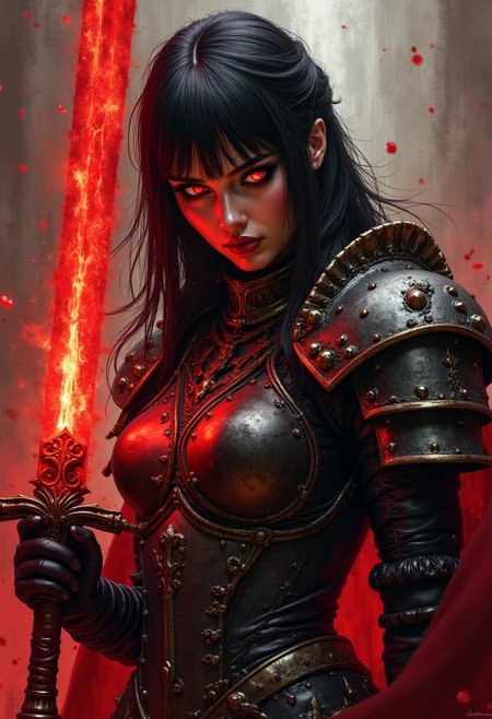 renaissance masterpiece painting depicting a stunning female hellknight, spiky armour, no helmet, glowing eyes, dark hair, bangs, dark eyeshadow, thin red lips,  holding huge sword glowing red, dynamic pose