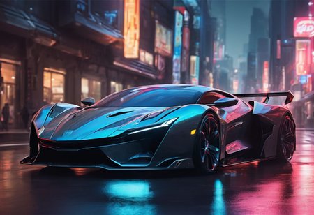 detailed high end sport car, sharp edges, sharp focus, futuristic, <lora:Cbebop-background:1.5>, high quality, high resolution, art by Cain Kuga, night, breathtaking scenary,  high-tech,  cyberpunk, volumetric lighting, (long exposure:1.5), speed effect, raining,