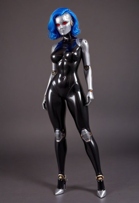 solo, A 35mm full length photo of  a beautiful 20 year old woman, she is a humanoid robot , robotic body, freckles, smooth featureless silver grey robotic skin, robotic aerials, metallic dark blue hair, elegant black latex bodysuit with white trim
TheFaceLess
