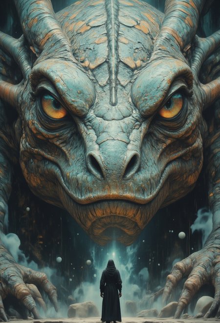 a striking and surreal scene that combines elements of both the natural world and fantasy. Dominating the composition is a massive, reptilian eye, filling almost the entire frame. The eye is highly detailed, with a slit-like pupil that suggests it belongs to a large, powerful creature, perhaps a dragon or another mythical being. The texture around the eye is rugged and scaly, giving the impression of ancient, weathered skin. In the lower portion of the image, a solitary human figure stands before the eye, dressed in a flowing black robe. The figure is tiny in comparison to the colossal eye, emphasizing the vast difference in scale and power between the two. The person stands on a surface that appears to be water or mist, which reflects the eerie, otherworldly light that surrounds the scene. The atmosphere is misty and dreamlike, adding to the sense of mystery and awe. Overall, the image is both dramatic and thought-provoking, blending cultural elements with a fantastical imagination to create a visually captivating scene. white sphere on the background