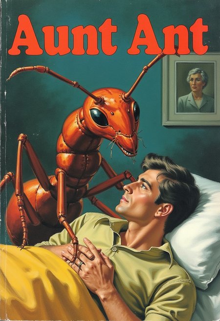 Book cover: "Aunt Ant". A giant ant cuddling in bed with a man.
rmcebkCE style