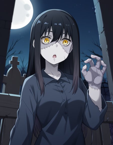 score_9, score_8_up, score_7_up, source_anime, <lora:miko-yotsuya-s1-ponyxl-lora-nochekaiser:1>, miko yotsuya, long hair, bangs, black hair, hair between eyes, yellow eyes, medium breasts,, <lora:zombie-ponyxl-lora-nochekaiser:1>, zombie, colored skin, stitches, grey skin, multicolored skin, stitched face, zombie pose, halloween, halloween costume,, night, moon, graveyard, tombstone, grave, open mouth, , dutch angle, cowboy shot