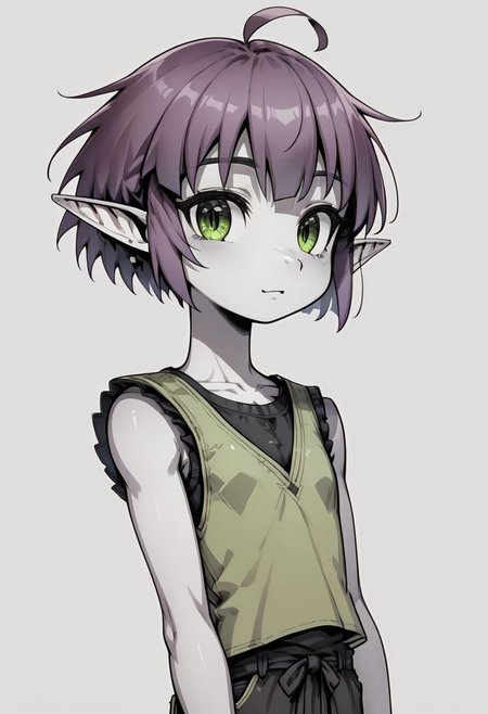 ASCIILapanya, 1 person, solo, pointy ears, ((snout nose)), flat chest, short stature, skinny arms, ((hazel irises)), fair skin, ((dark lilac hair)), short hair, tomboy haircut, small nostrils, 3 fingers 1 thumb ((Sleeveless green vest, fitted black undershirt, black pantaloons, fully clothed)), forest background,  
Lineart, clean lines, up close, upper body focus, highly detailed face, high quality, best quality,  score: 9, score: 8 up, rating: safe