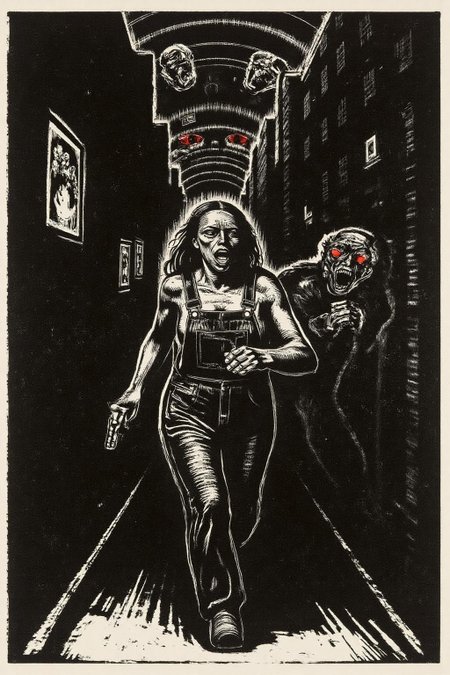kako1 black and white woodcut print.  A woman running down a dark alleyway between two crumbling high-rise buildings, with a holographic display of her pursuers on the walls and a strange creature with glowing red eyes lurking in the shadows, in a neon-lit cityscape that feels like a dystopian nightmare. She's dressed in tattered overalls and has a pistol at her side.  She is shouting angrily.   <lora:kako3_woodcut_cap_d6a3e11:1.0><lora:817641170759954953:0>