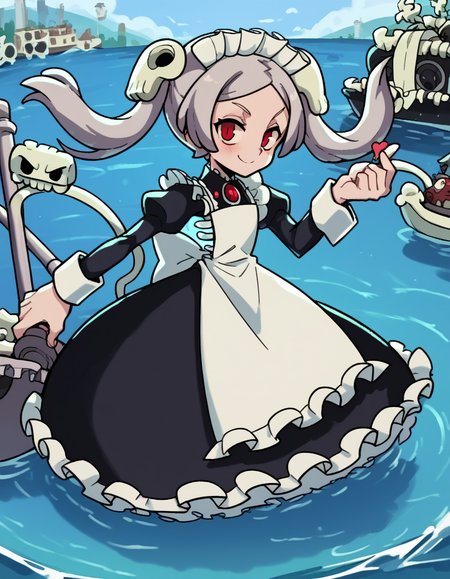 score_9, score_8_up, score_7_up, source_anime, <lora:skullgirls-marie-ingame-ponyxl-lora-nochekaiser:1>, marie, hair ornament, red eyes, twintails, skull, skull hair ornament, grey hair, forehead,, apron, maid, maid headdress, long sleeves, wrist cuffs,, jetty, water, boats, dock, narrow, , <lora:finger-heart-ponyxl-lora-nochekaiser:1>, finger heart, heart, blush, smile,, looking at viewer, solo,, dutch angle, cowboy shot