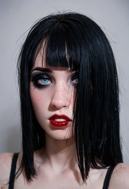 score_9, score_8_up, score_7_up, score_6_up, score_5_up, score_4_up, BREAK, RAW, horsefaced, teeth, medium_shot, 1girl, portrait of a beautiful goth, Horsefaced, black hair, black bangs, Blunt bangs paired with shoulder-length hair, pale skin, red lips, cute, eyeliner, makeup, seductive stare, tired eyes, upturned eyes, eyelashes, bangs covering forehead, long face, rectangle head, long nose, Goth Girl, looking at viewer, shelly duval, subtle smile, visible teeth, chubby cheeks, oval jawline, hair covering forehead, young woman