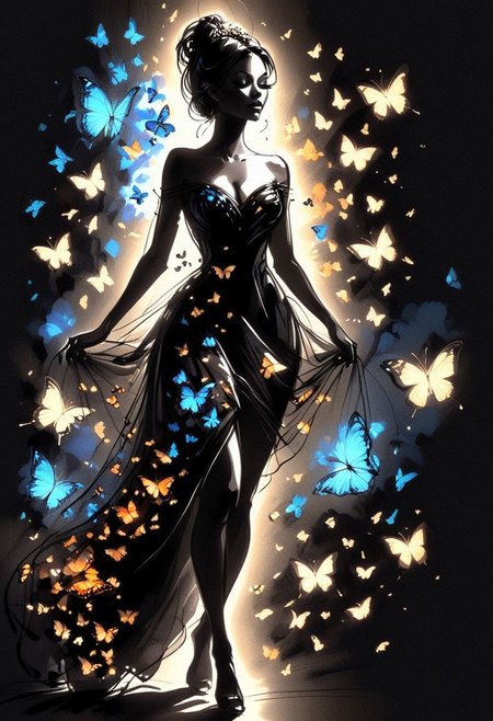 inksketch, a silhouette of a woman, black background, glowing butterflies, full body, black dress