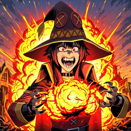 absurdres,newest,best quality,masterpiece,konosuba,megumin,witch hat,1girl,solo,fleshmutant,claws,upper body,sharp teeth,explosion,fire,burning buildings